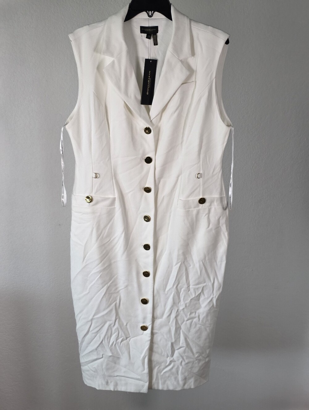 Donna Karan New York NWT White Gold Button Vest Maxi Dress Size 14 $199 No Chain - Picture 2 of 12